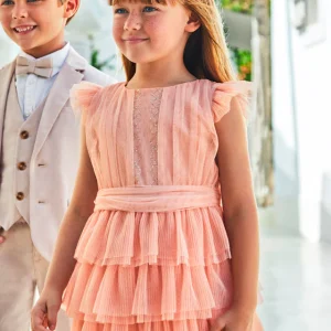 Vestido tul plisado niña - Nude.