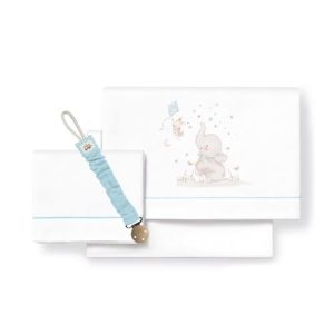 03244-Tríptico Cuna “Elefante”+Broche Bco/Azul Interbaby