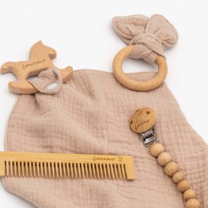 Conjunto Muselina, Chupetero Personalizado, Mordedor y Peine